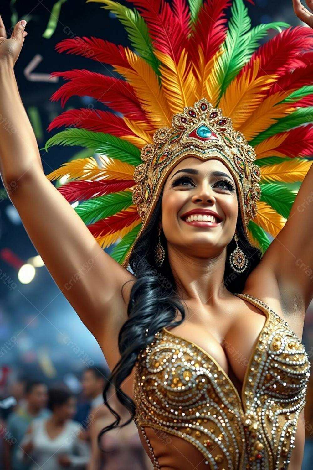 High Resolution Stock Photo A Woman With Light Skin And Refined Features, Smiling Radiantly While Celebrating Carnaval, Arms Raised. Her Costume Features A Magnificent Gold, Red, And Green Feathered Headdress And A Sparkling