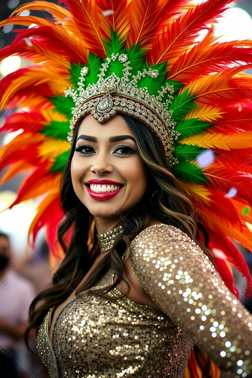 High Resolution Stock Photo A Woman With Refined Facial Features And Olive Skin Radiates Joy In A Carnaval Costume. Gold, Red, And Green Feathers Adorn Her Headdress, Complemented By A Sparkling Sequined Outfit. She Is Dynam