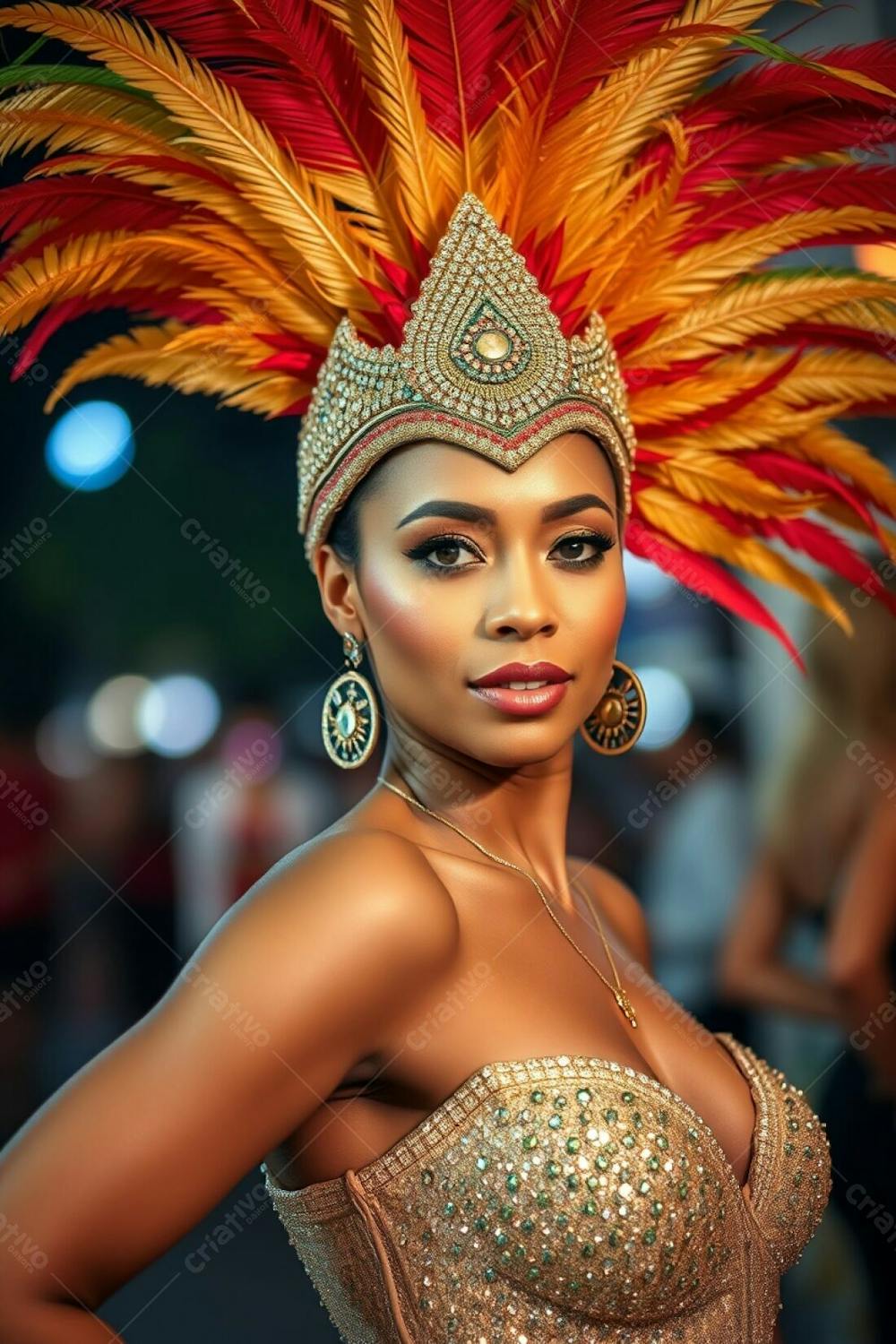 High Resolution Stock Photo A Woman With Refined Features And Medium Brown Skin Tone, Poses Confidently At Carnaval. Her Costume Boasts A Dazzling Feathered Headdress In Shades Of Gold, Red, And Green, And A Glittering Sequin