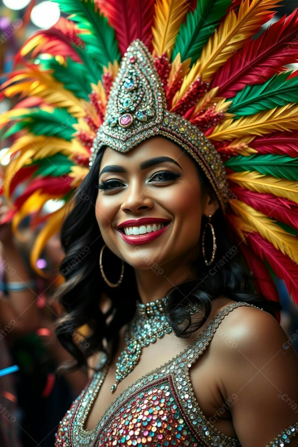 High Resolution Stock Photo A Woman With Refined Features And Medium Brown Skin, Smiling Broadly, Celebrates Carnaval. She Wears A Stunning Gold, Red, And Green Feathered Headdress And A Glittering Sequined Costume. The Backgr