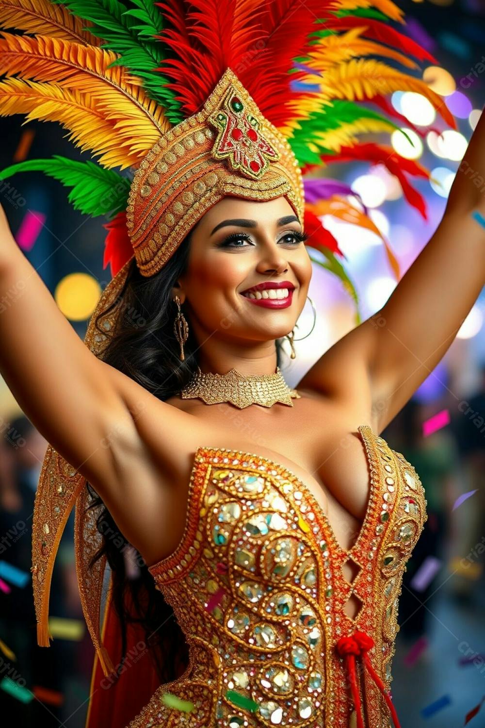 High Resolution Stock Photo A Woman With Refined Features And Tan Skin, Wearing A Magnificent Carnaval Costume Featuring A Gold, Red, And Green Feathered Headdress And A Shimmering Sequined Outfit. Her Arms Are Raised In Joyfu