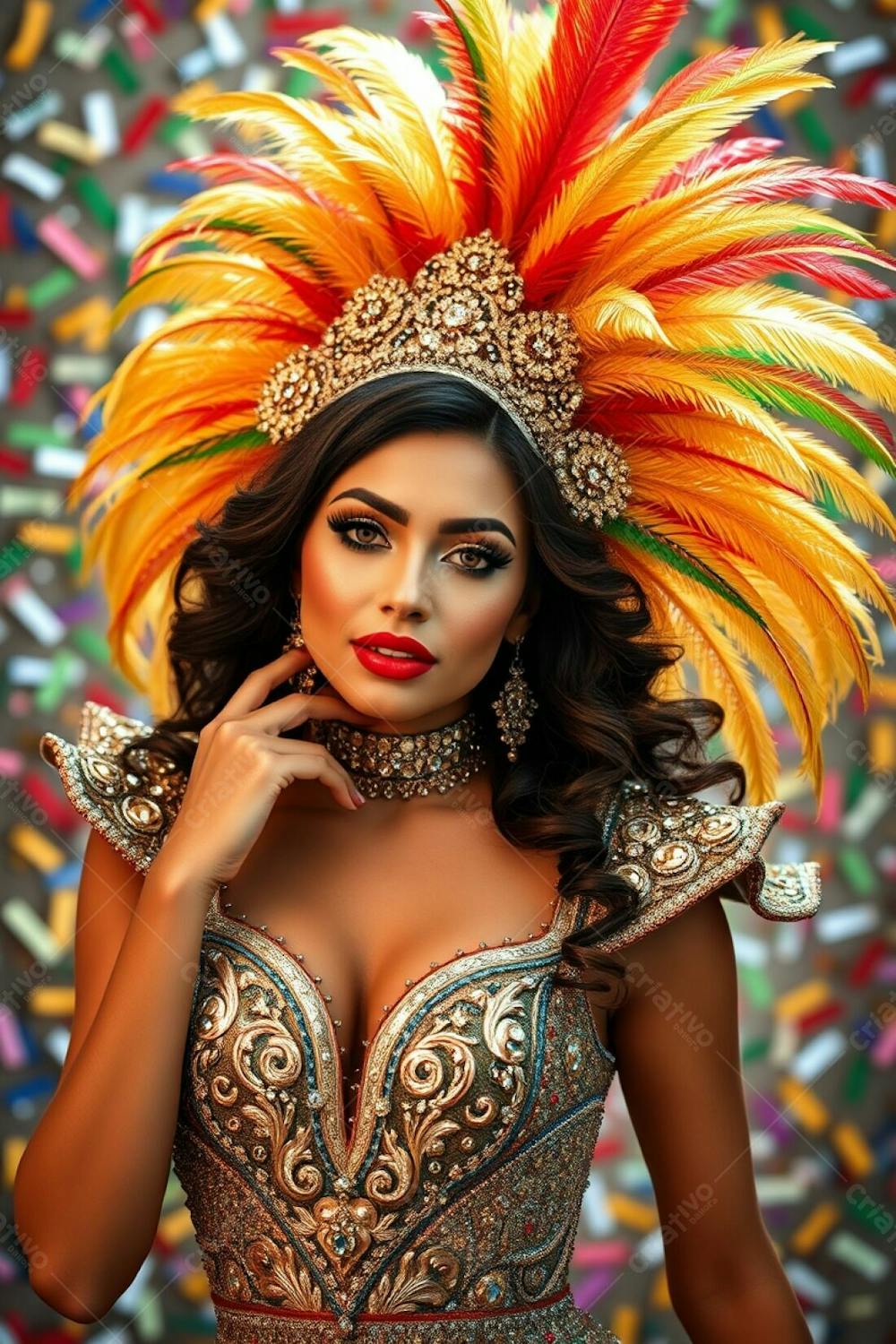 High Resolution Stock Photo A Woman, Elegant And Graceful, With Tan Skin And Refined Features, Celebrates Carnaval. She&#39;S In A Glittering Sequined Costume With Intricate Patterns And A Dazzling Feathered Headdress In Gold, Red