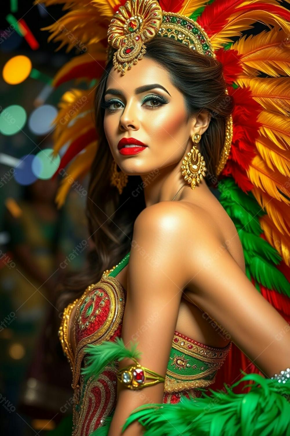 High Resolution Stock Photo A Woman, Musa Do Carnaval, With Graceful And Elegant Posture And Refined Features, Is The Focal Point. She Is Dressed In A Vibrant Carnaval Costume With Gold, Red, And Green Feathers And Glittering