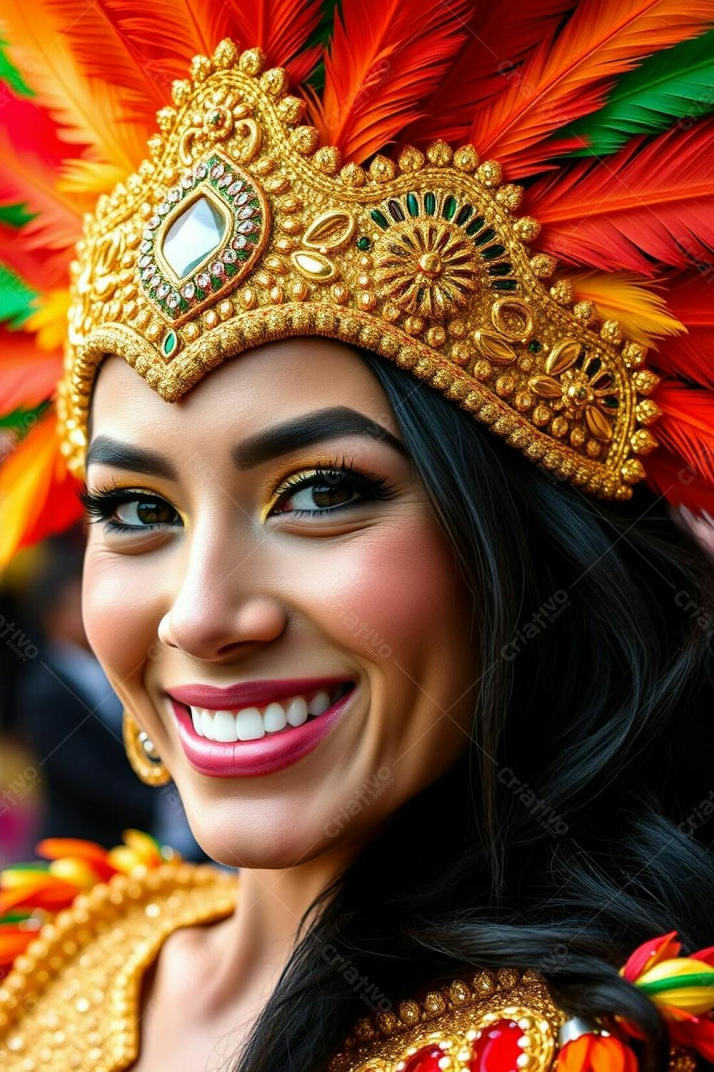 High Resolution Stock Photo Close Up Of A Woman With Dark Hair And Tan Skin, Wearing A Vibrant Gold, Red, And Green Feathered Headdress And A Glittering Sequined Carnaval Costume. She Has A Radiant Smile And Confident Pose.