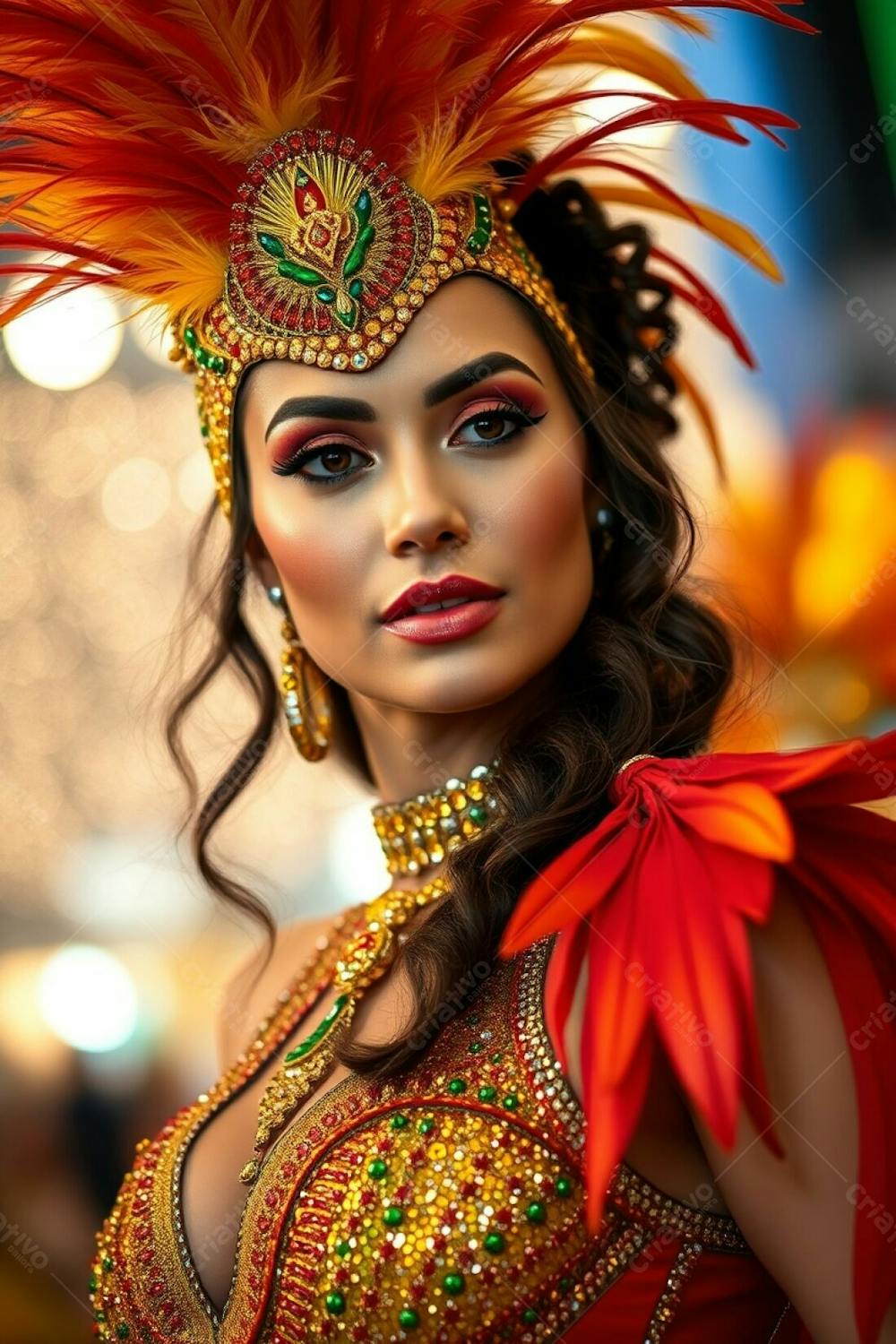 High Resolution Stock Photo Close Up Of A Woman With Graceful, Refined Features, Wearing A Vibrant Carnaval Costume. The Costume Features A Feathered Headdress In Shades Of Gold, Red, And Green, And A Glittering Sequined Bodic