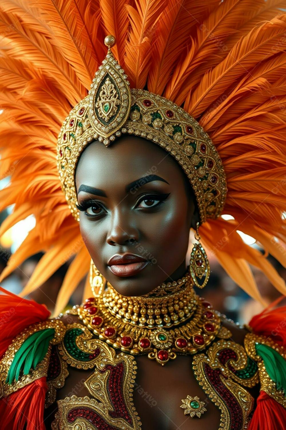 High Resolution Stock Photo Close Up Of A Woman With Refined Facial Features And Dark Skin, Sambando At Carnaval. She Wears A Magnificent Feathered Headdress And Intricately Patterned Sequined Outfit In Gold, Red, And Green Hu