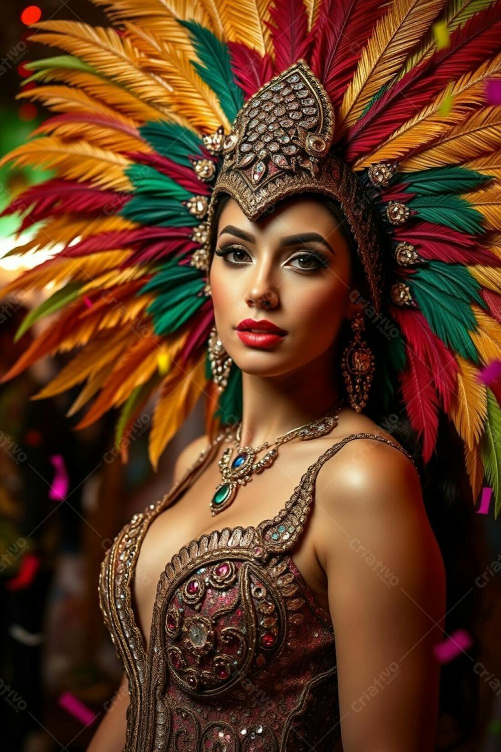 High Resolution Stock Photo Elegant Woman With Dark Eyes And Smooth Skin, Celebrates Carnaval. Her Elaborate Costume Includes A Large Gold, Red, And Green Feathered Headdress And A Richly Detailed Sequined Outfit. The Backgrou