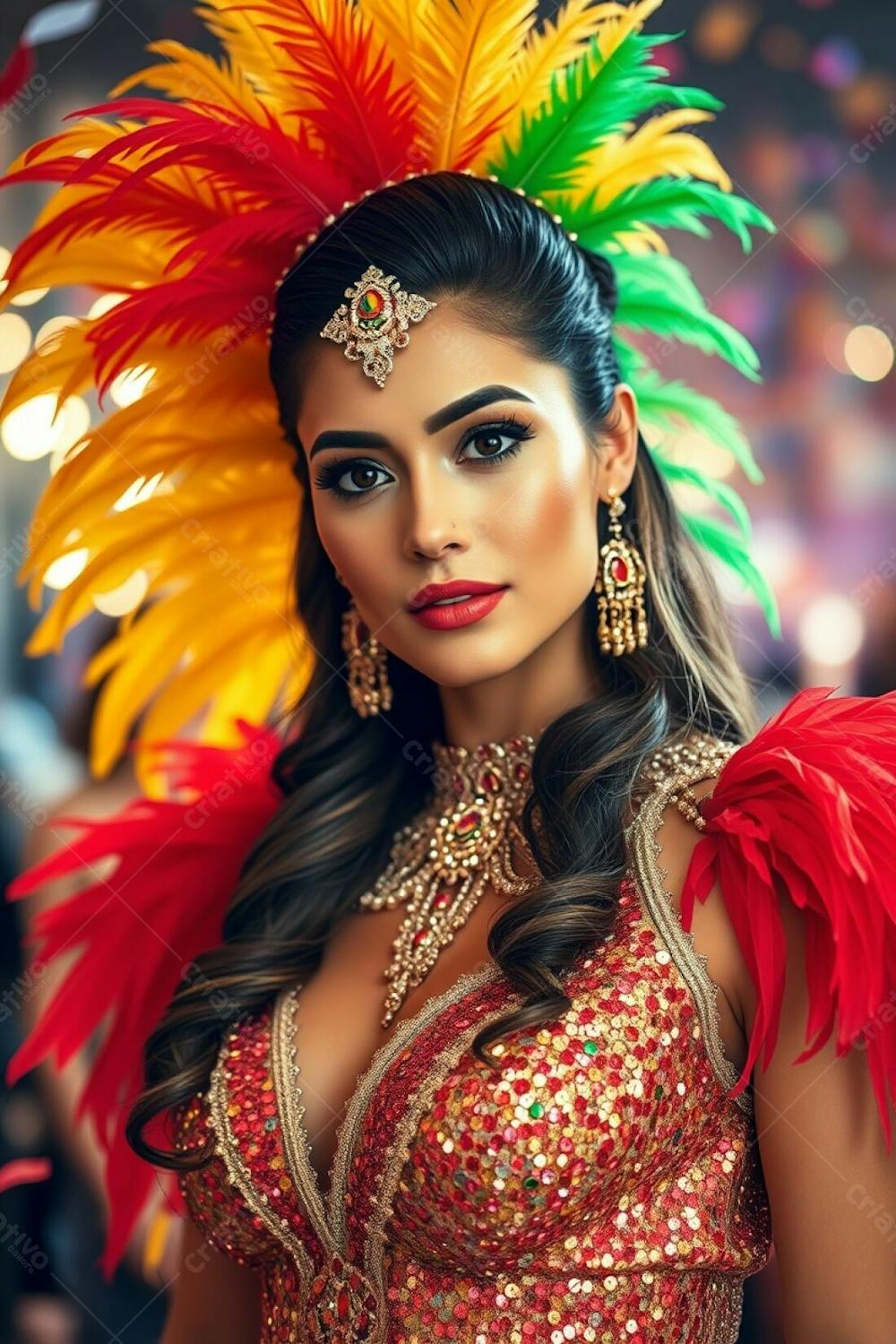 High Resolution Stock Photo Graceful Woman With Elegant Features And Warm Skin Tone, In A Vibrant Carnaval Costume. Gold, Red, And Green Feathers Adorn Her Headdress, Complementing Her Glittering Sequined Outfit. The Backgro