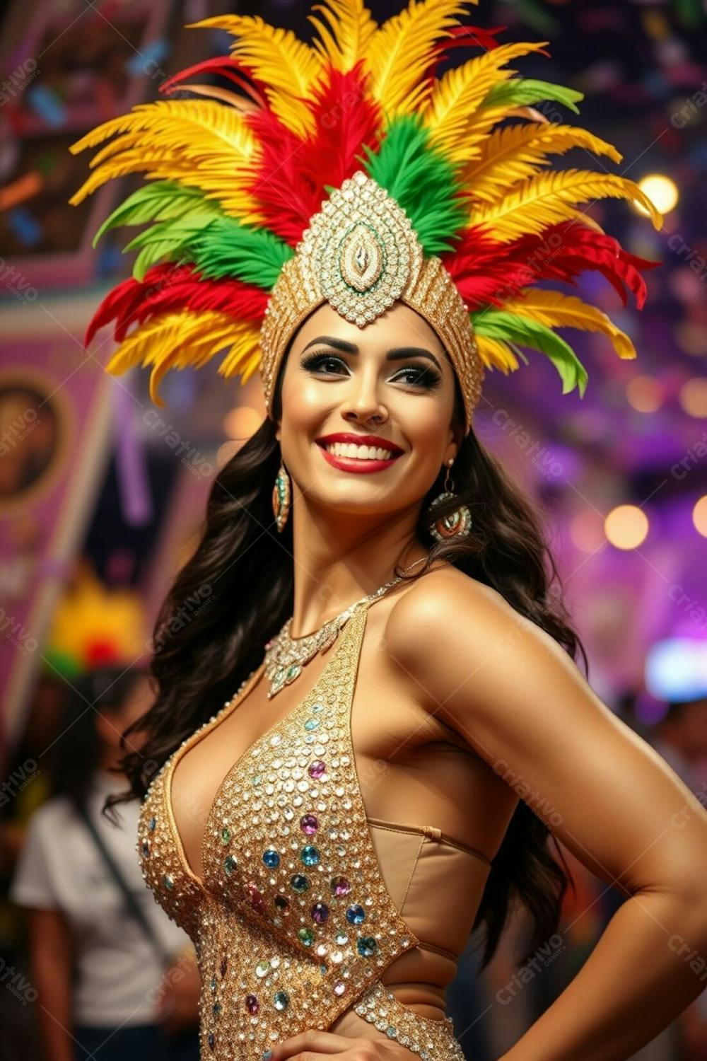 High Resolution Stock Photo A Carnaval Celebration Featuring A Woman With A Confident Pose. Her Elaborate Costume Includes A Gold, Red, And Green Feathered Headdress And A Sparkling Sequined Outfit. Her Smile Is Radiant. The