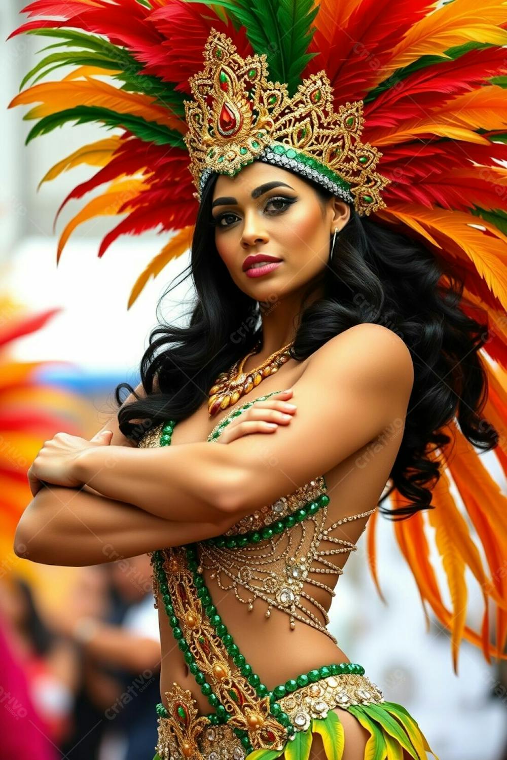 High Resolution Stock Photo A Carnaval Queen With Dark Hair, Tan Skin, And Refined Features, Elegantly Dressed In A Gold, Red, And Green Feathered Headdress And Sequined Outfit. She Is Captured Mid Samba, With Arms Crossed, Sh