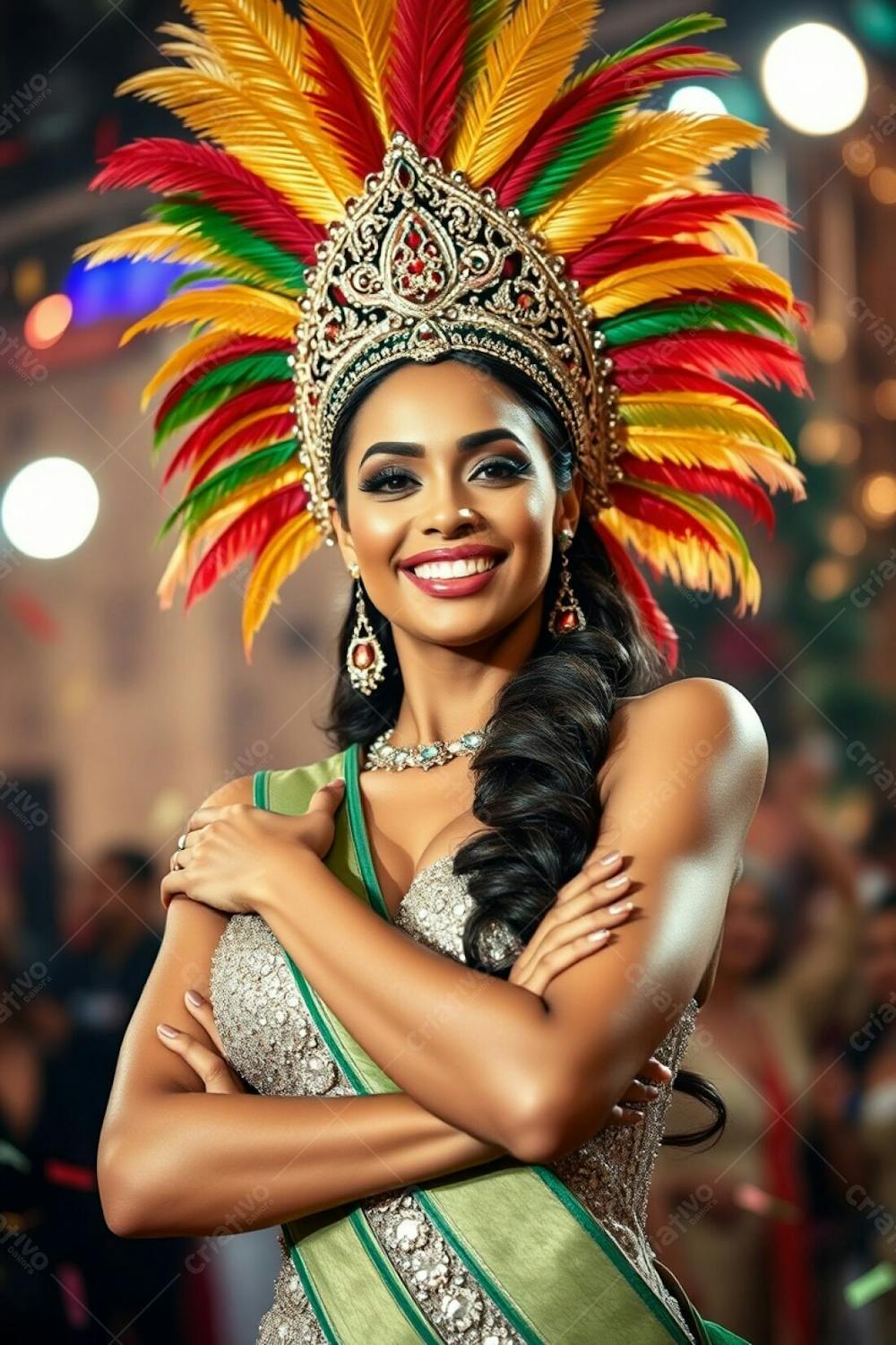 High Resolution Stock Photo A Graceful Carnaval Queen With Elegant Features And Light Brown Skin Sambas With Arms Crossed. She Wears A Dazzling Feathered Headdress In Gold, Red, And Green, A Glittering Sequined Costume, And Rad