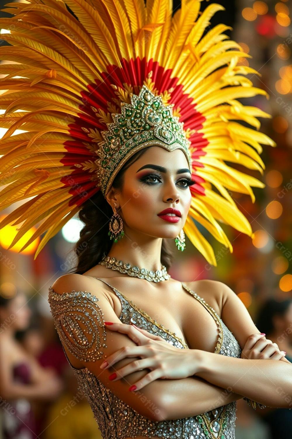 High Resolution Stock Photo A Graceful, Elegant Woman With Refined Features, Sambas At Carnaval. She Wears A Dazzling Feathered Headdress In Shades Of Gold, Red, And Green, And A Glittering Sequined Outfit. Her Arms Are Cross