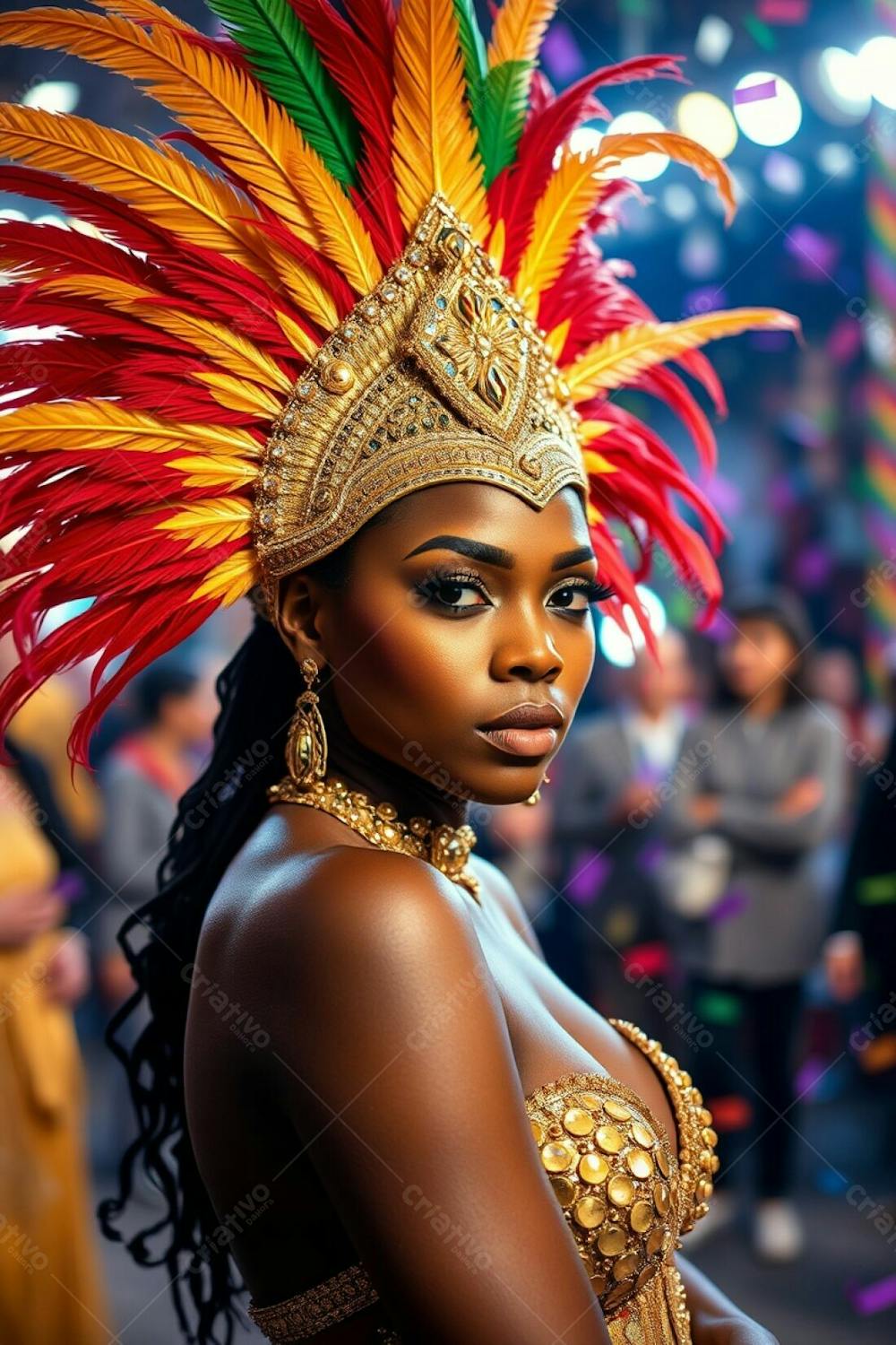 High Resolution Stock Photo A Gracefully Posed Dark Skinned Woman With Refined Features At Carnaval. Her Costume Is Striking A Gold, Red, And Green Feathered Headdress And A Sparkling Sequined Outfit. The Background Is A Vibran