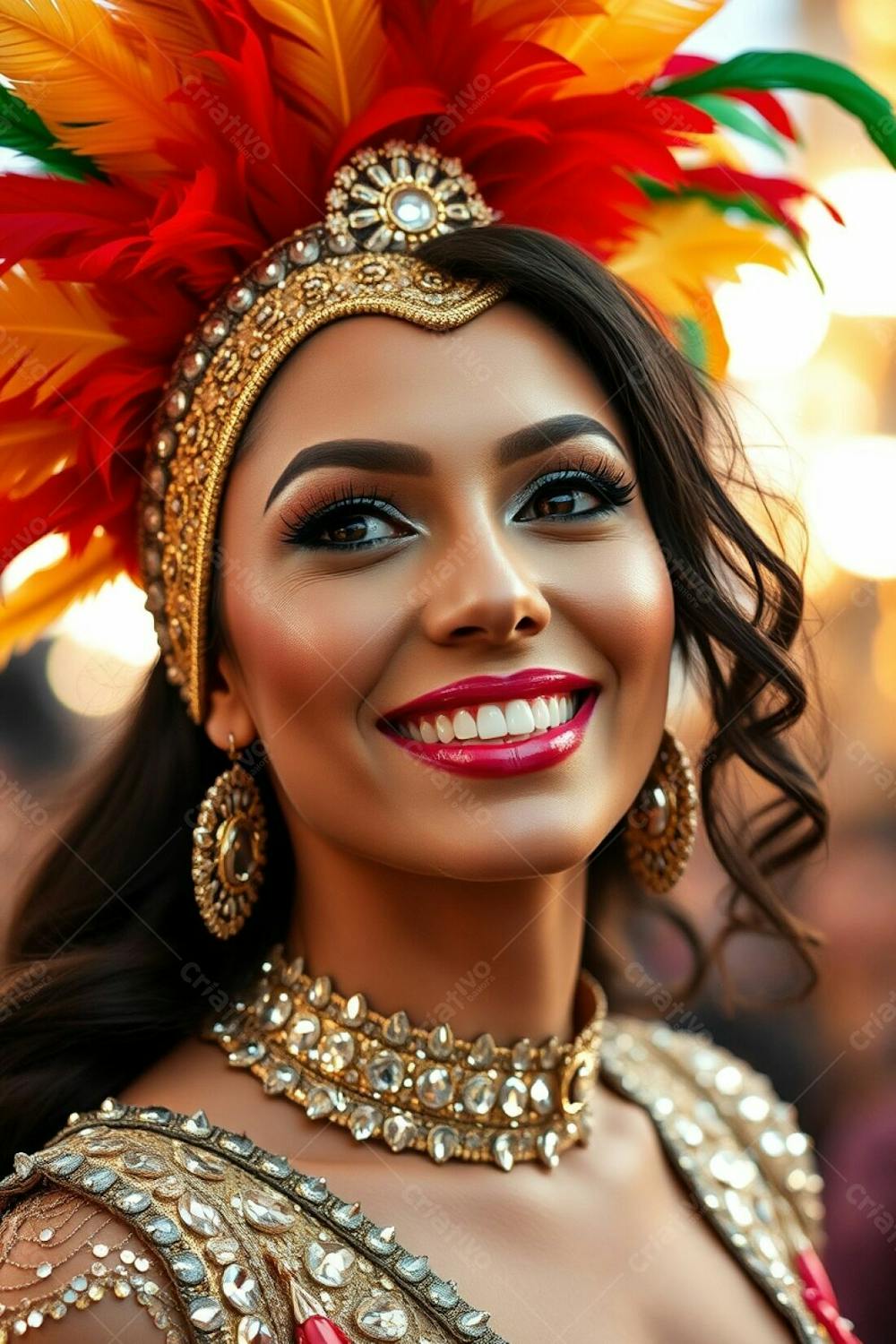 High Resolution Stock Photo A Portrait Of A Woman With Elegant Features And Warm Skin Tones Joyfully Celebrating Carnaval. She Wears A Vibrant Feathered Headdress In Gold, Red, And Green, And A Sparkling Sequined Costume. The B