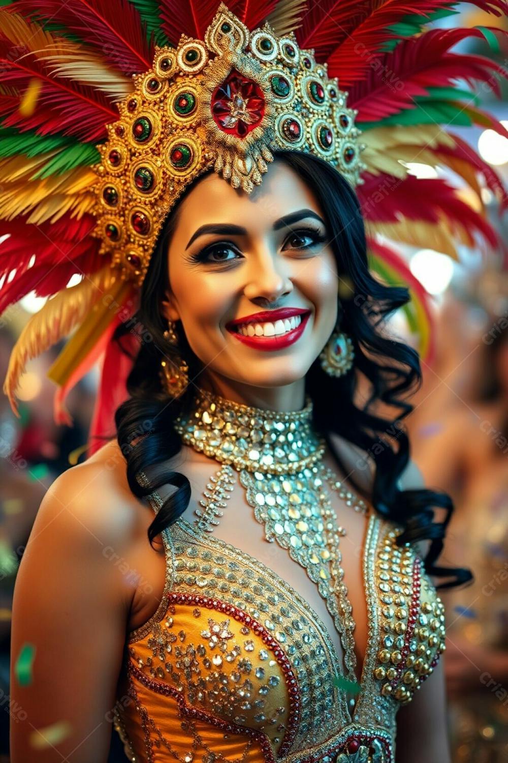 High Resolution Stock Photo A Joyful Woman With Refined Features And Dark Hair, Wearing A Magnificent Carnaval Costume With A Gold, Red, And Green Feathered Headdress And A Glittering Sequined Dress. The Background Is A Blur O