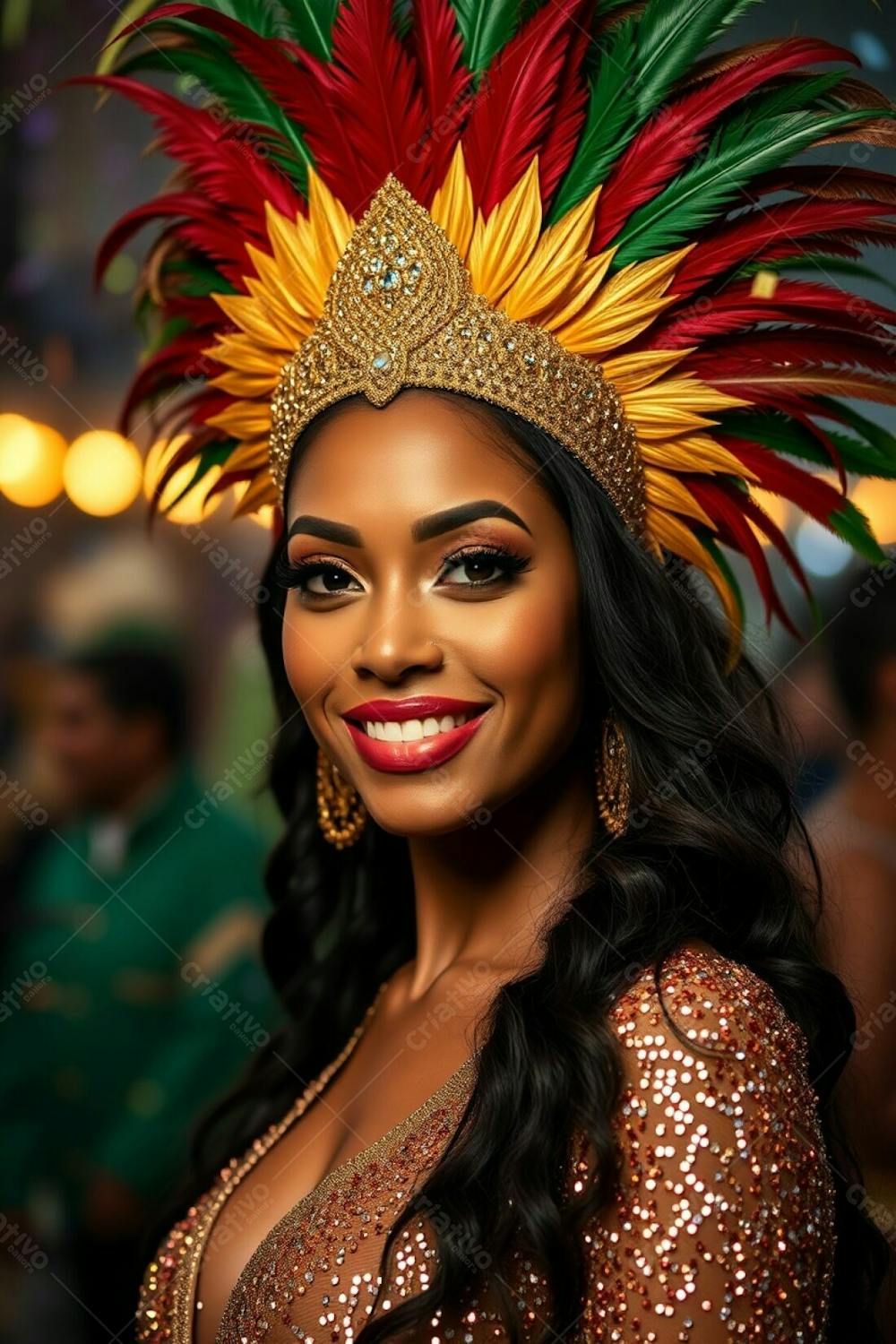 High Resolution Stock Photo A Single Woman With Dark Brown Skin And Elegant Features, Smiling Confidently, At Carnaval. She Wears A Dazzling Feathered Headdress In Shades Of Gold, Red, And Green With A Sparkling Sequined Outfi