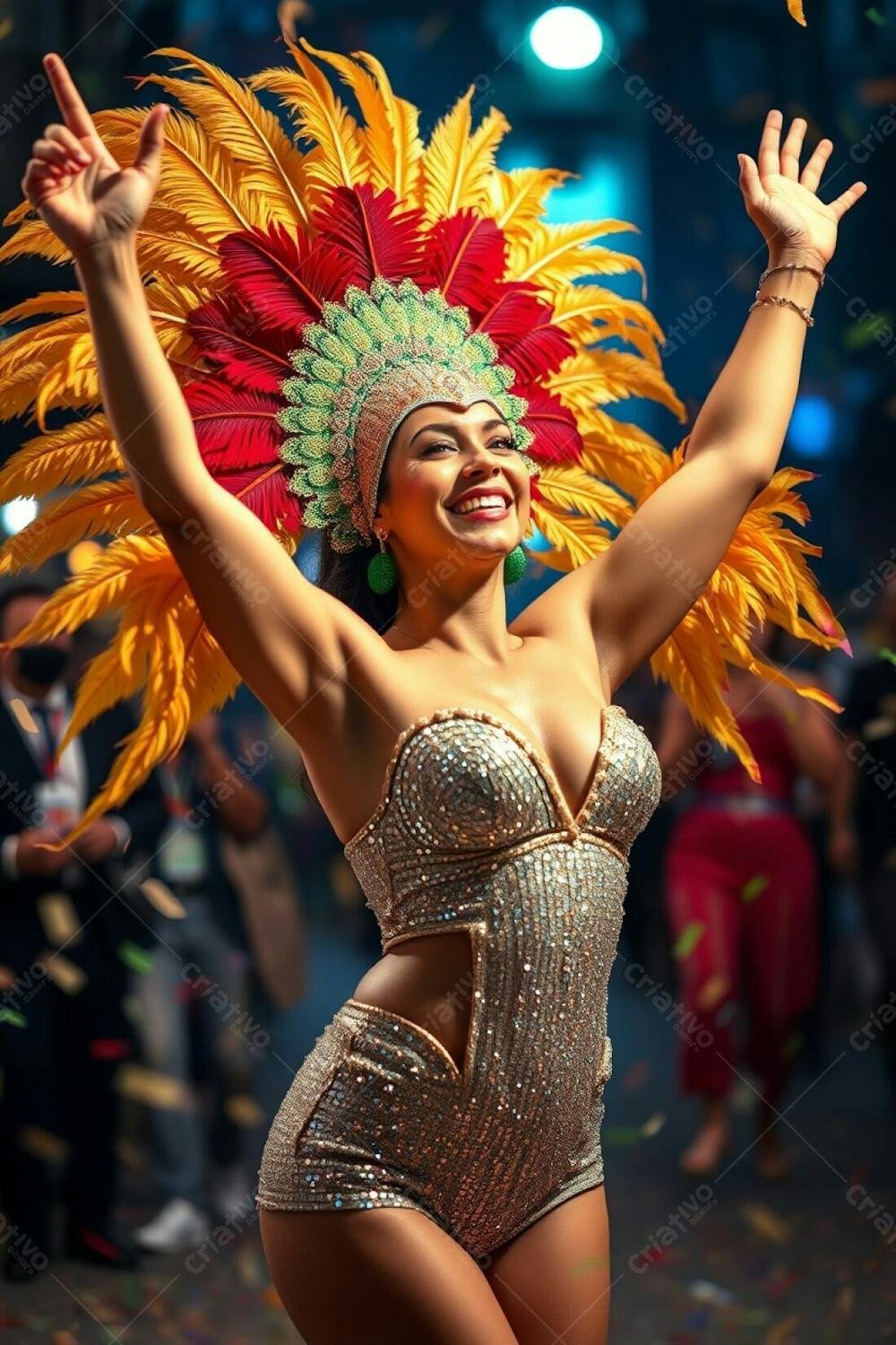 High Resolution Stock Photo A Single Woman, Elegant And Graceful, Joyfully Celebrates Carnaval. Her Elaborate Costume Includes A Feathered Headdress In Gold, Red, And Green, And A Shimmering Sequined Outfit. Her Radiant Smile