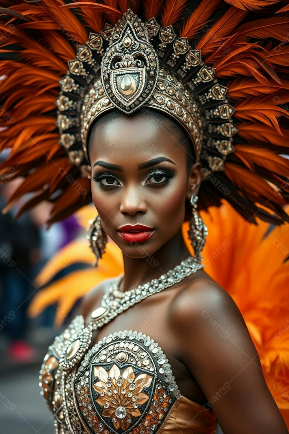 High Resolution Stock Photo A Stunning Portrait Of A Woman, The Star Of The Carnaval Parade. She Has Refined Features And Dark Skin, And Her Elegant Costume Features A Majestic Feathered Headdress And A Brilliantly Sequined Ou