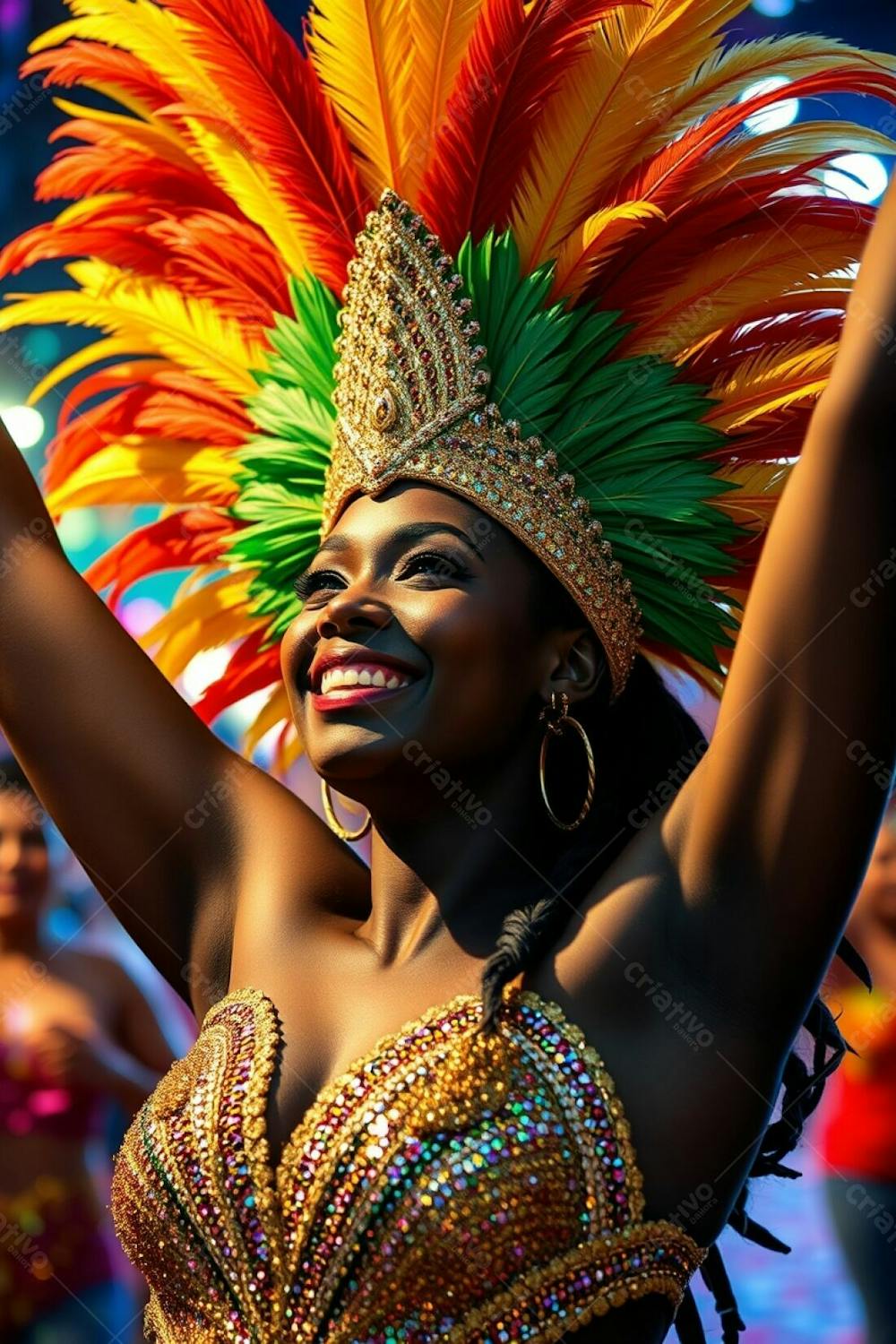 High Resolution Stock Photo A Vibrant Image Of A Dark Skinned Woman At Carnaval, Arms Raised In Joyful Celebration. She Wears A Dazzling Feathered Headdress In Gold, Red, And Green, And A Shimmering Sequined Costume. The Backg