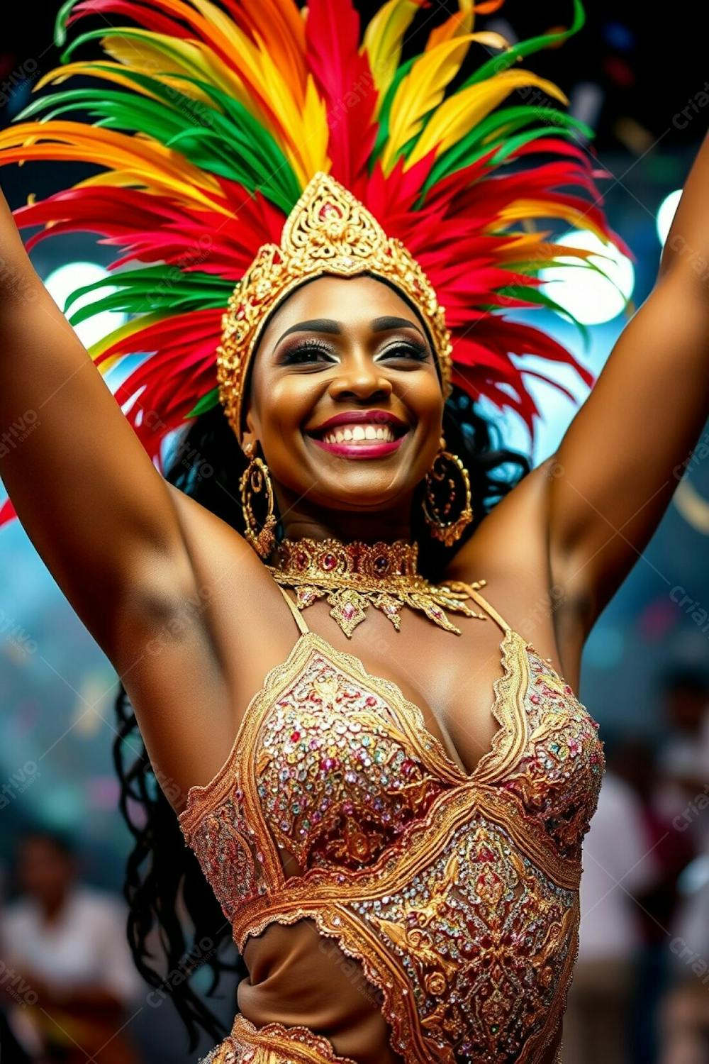 High Resolution Stock Photo A Vibrant Image Of A Woman With Dark Skin And Refined Features, Celebrating Carnaval. She Wears A Gold, Red, And Green Feathered Headdress And A Sparkling Sequined Costume With Intricate Patterns. A