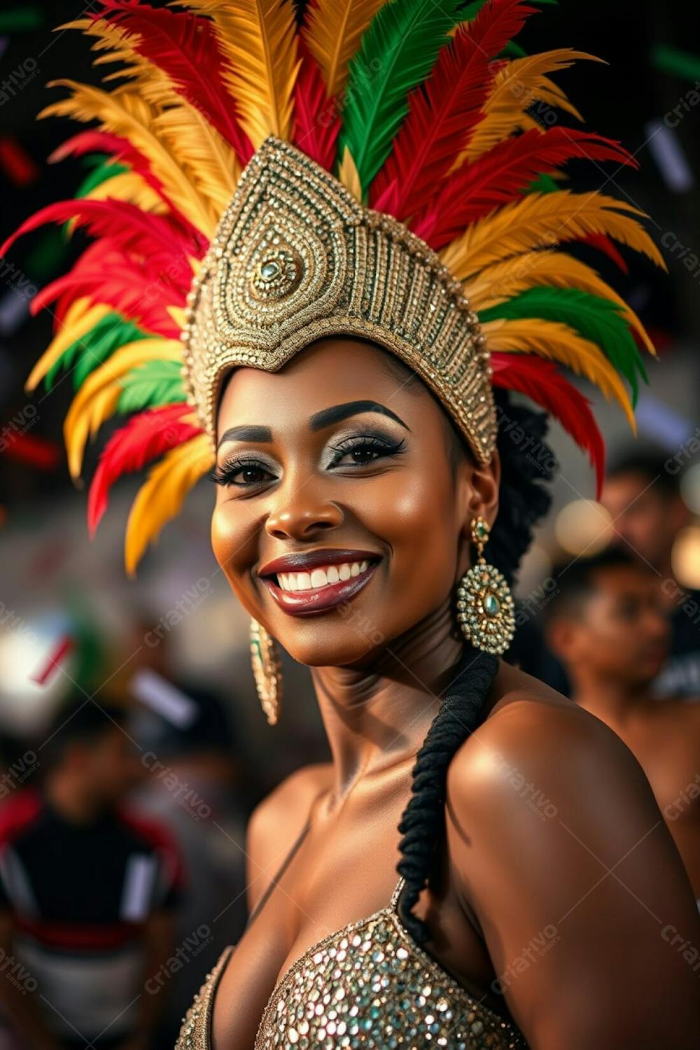 High Resolution Stock Photo A Vibrant Image Of A Woman With Elegant Features And Dark Skin, Joyfully Celebrating Carnaval. She Wears A Gold, Red, And Green Feathered Headdress And A Sparkling Sequined Costume. The Background