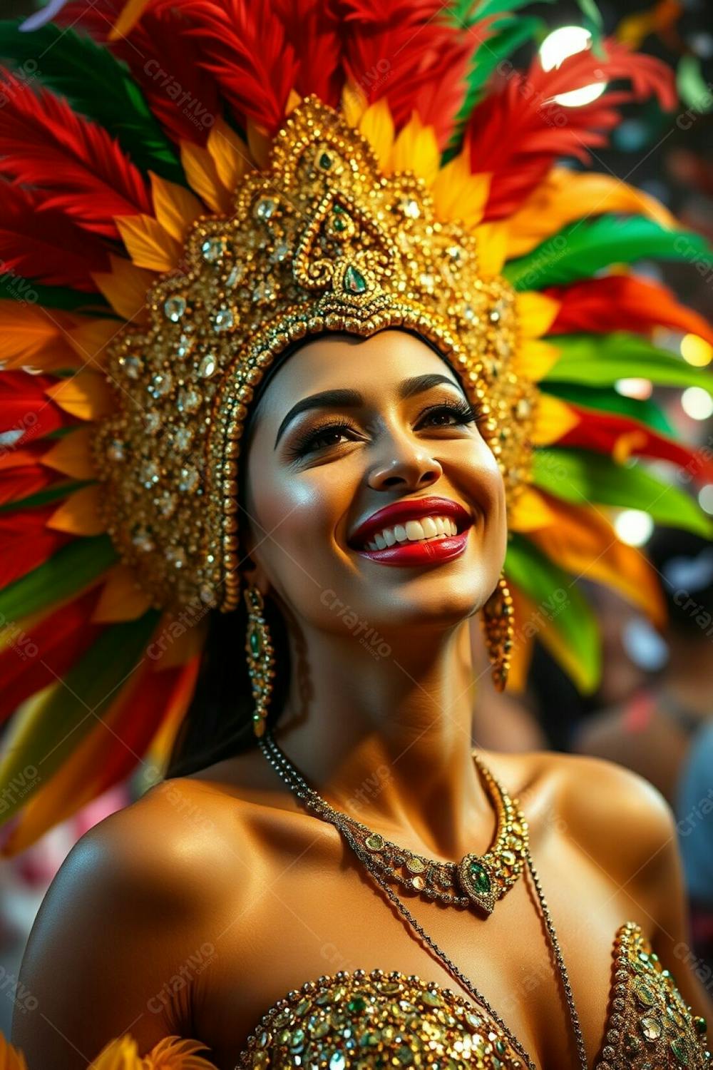 High Resolution Stock Photo A Vibrant Image Of A Woman With Graceful Features And Warm Skin Tones, Joyfully Celebrating Carnaval. Her Elaborate Costume Includes A Gold, Red, And Green Feathered Headdress And A Glittering Sequin