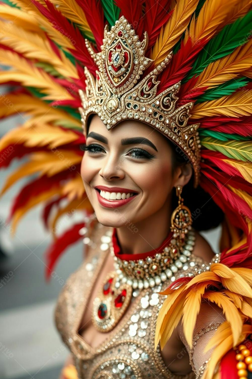 High Resolution Stock Photo A Woman In A Luxurious Carnaval Costume. Her Headdress Is A Stunning Display Of Gold, Red, And Green Feathers. Her Sequined Outfit Glistens. A High Angle Shot Emphasizing Her Joyful Expression And