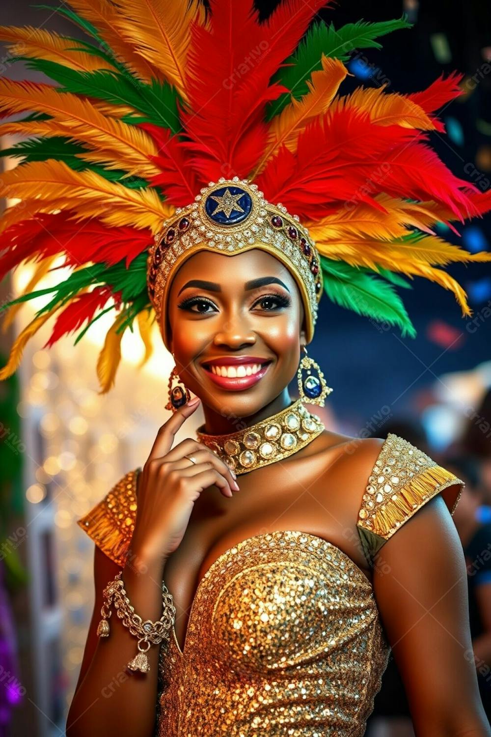 High Resolution Stock Photo A Woman With Dark Complexion And Refined Features Is The Focus. She Wears A Carnaval Costume With A Dazzling Feathered Headdress In Gold, Red, And Green, And A Glittering Sequined Outfit. Her Pose