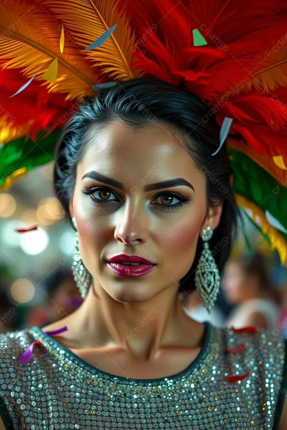 High Resolution Stock Photo A Woman With Dark Hair And Striking Features, Light Complexion, Celebrates Carnaval. She Wears A Large Feathered Headdress With Gold, Red, And Green Feathers And A Glittering Sequined Costume. The