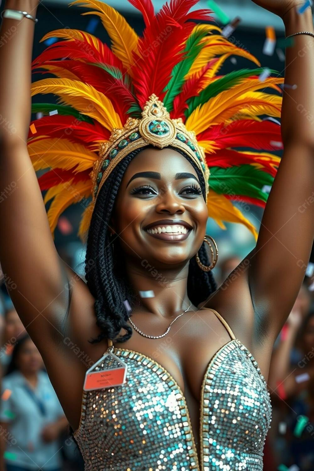 High Resolution Stock Photo A Woman With Dark Skin And Refined Features Celebrates Carnaval With Arms Raised, Displaying A Joyful Smile. She Wears A Vibrant Feathered Headdress In Gold, Red, And Green, And A Glittering Sequined