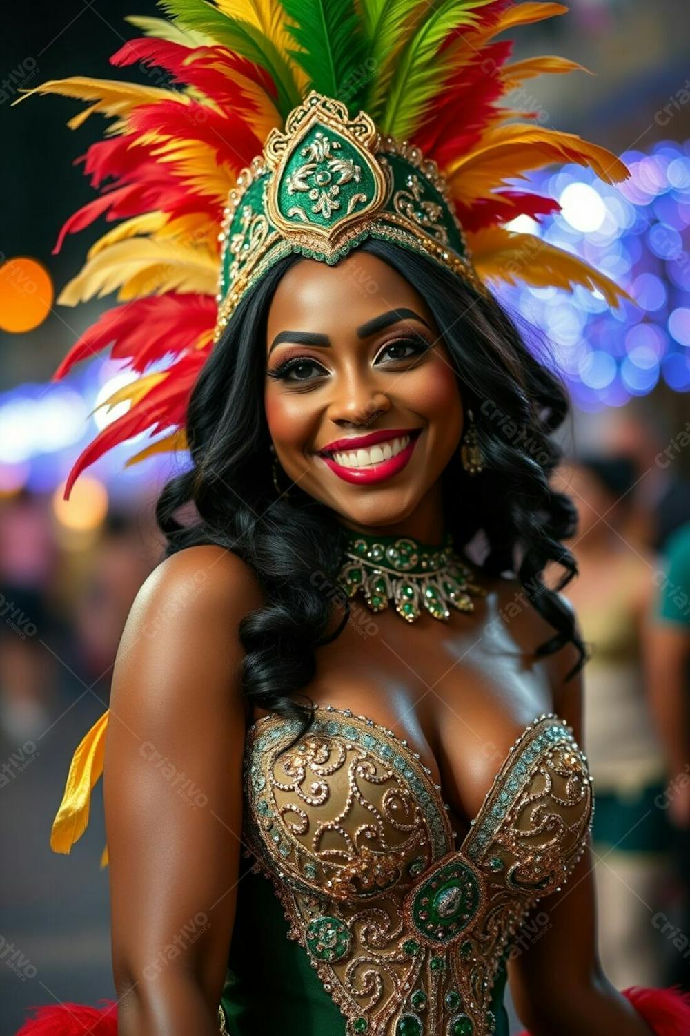 High Resolution Stock Photo A Woman With Dark Skin And Refined Features Celebrates Carnaval. Her Costume Features A Vibrant, Gold, Red, And Green Feathered Headdress And A Glittering Sequined Bodice With Intricate Details. Sh