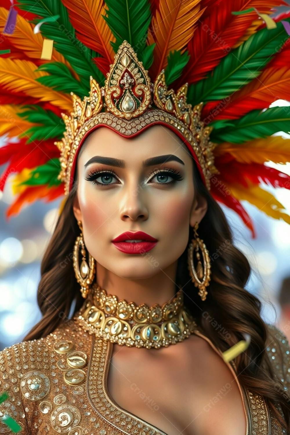 High Resolution Stock Photo A Woman With Elegant Features And Fair Skin, Celebrating Carnaval. Her Costume Has A Dazzling Gold, Red, And Green Feathered Headdress And A Glittering Sequined Outfit. The Background Is A Soft Foc