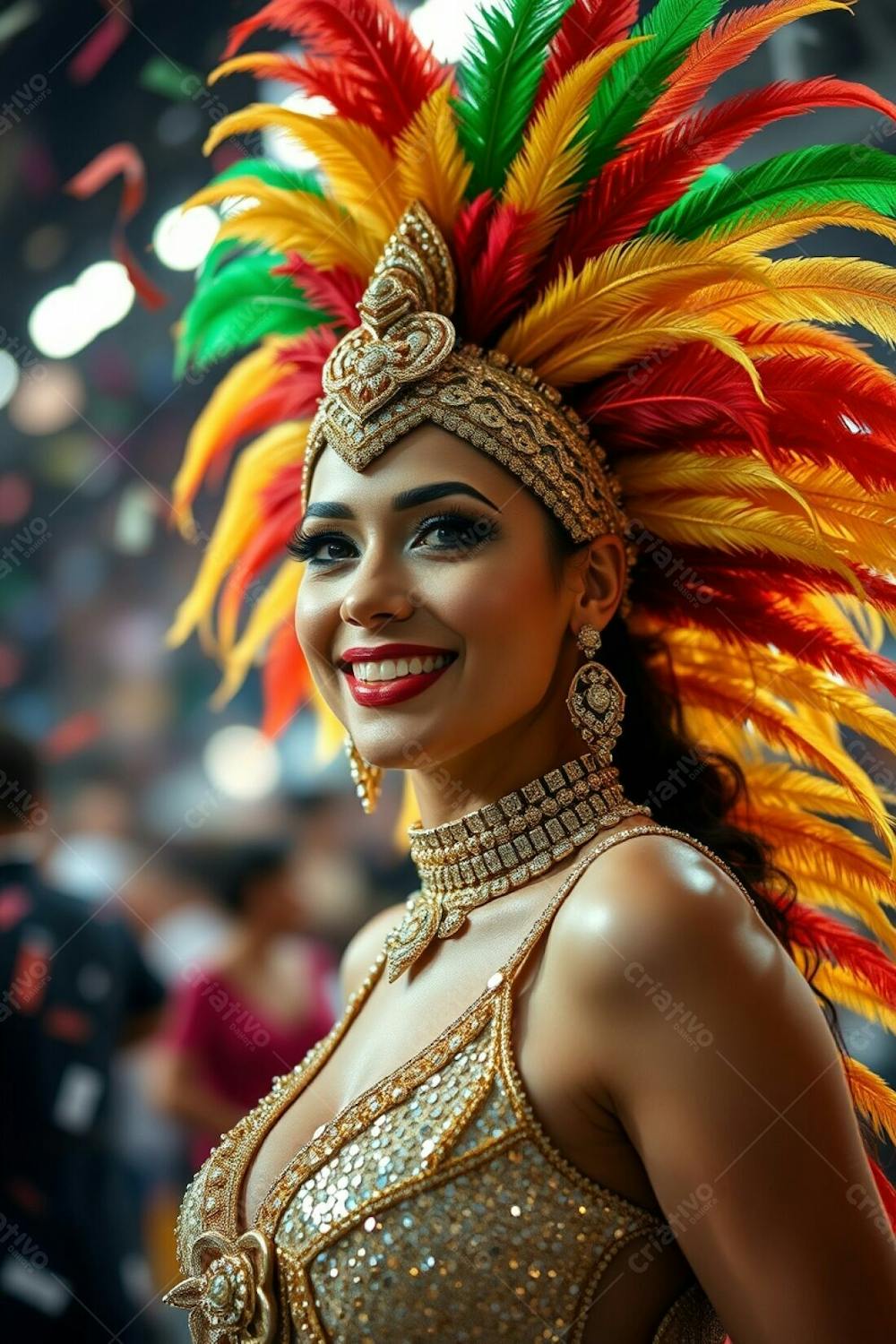 High Resolution Stock Photo A Woman With Elegant Features And Tan Skin, Radiantly Smiles During Carnaval. Her Elaborate Costume Includes A Gold, Red, And Green Feathered Headdress And A Shimmering Sequined Outfit. The Backgrou