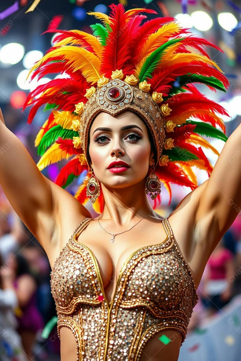 High Resolution Stock Photo A Woman With Fair Skin And Refined Features, Arms Raised In Celebration At Carnaval. Her Costume Features A Gold, Red, And Green Feathered Headdress And A Glittering Sequined Outfit. The Background I