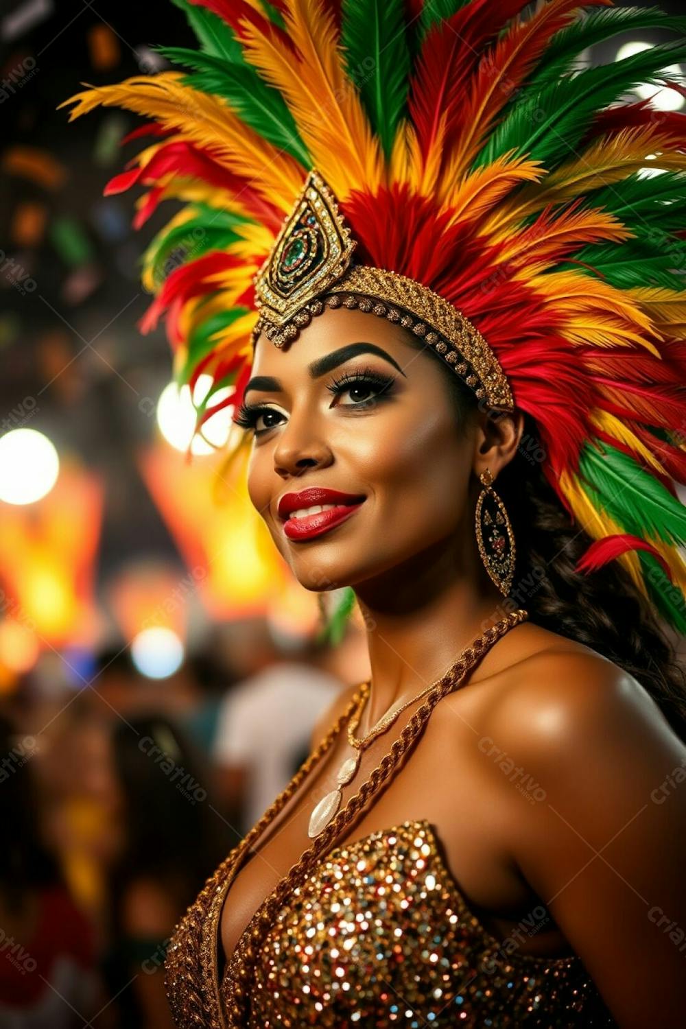 High Resolution Stock Photo A Woman With Graceful Features And Dark Brown Skin, Enjoys The Energy Of Carnaval. Her Costume Includes A Striking Gold, Red, And Green Feathered Headdress And A Shimmering Sequined Garment. The Back