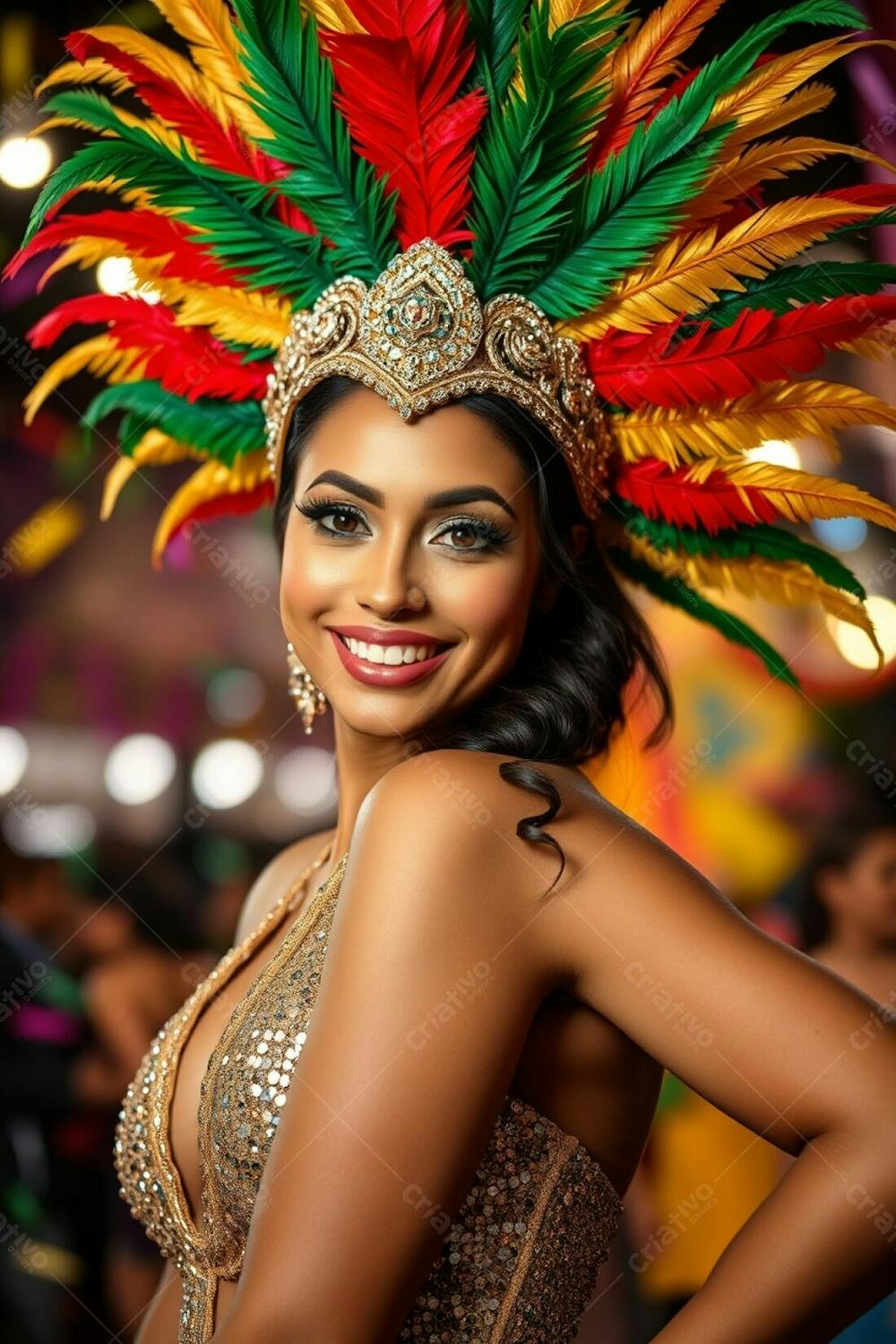 High Resolution Stock Photo A Woman With Graceful, Elegant Features And Medium Brown Skin, Poses Joyfully At Carnaval. Her Costume Includes A Vibrant Gold, Red, And Green Feathered Headdress And A Sequined Outfit. The Backgroun