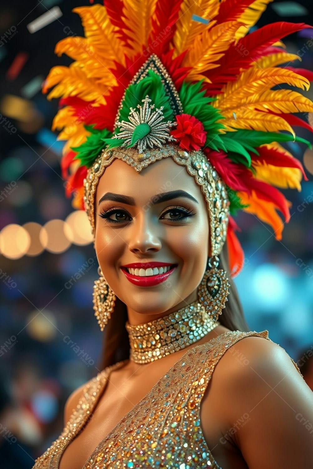 High Resolution Stock Photo A Woman With Refined Features And Dark Eyes Joyfully Participates In Carnaval. Her Costume Features A Dazzling Feathered Headdress In Gold, Red, And Green, And A Glittering Sequined Outfit. The Bac