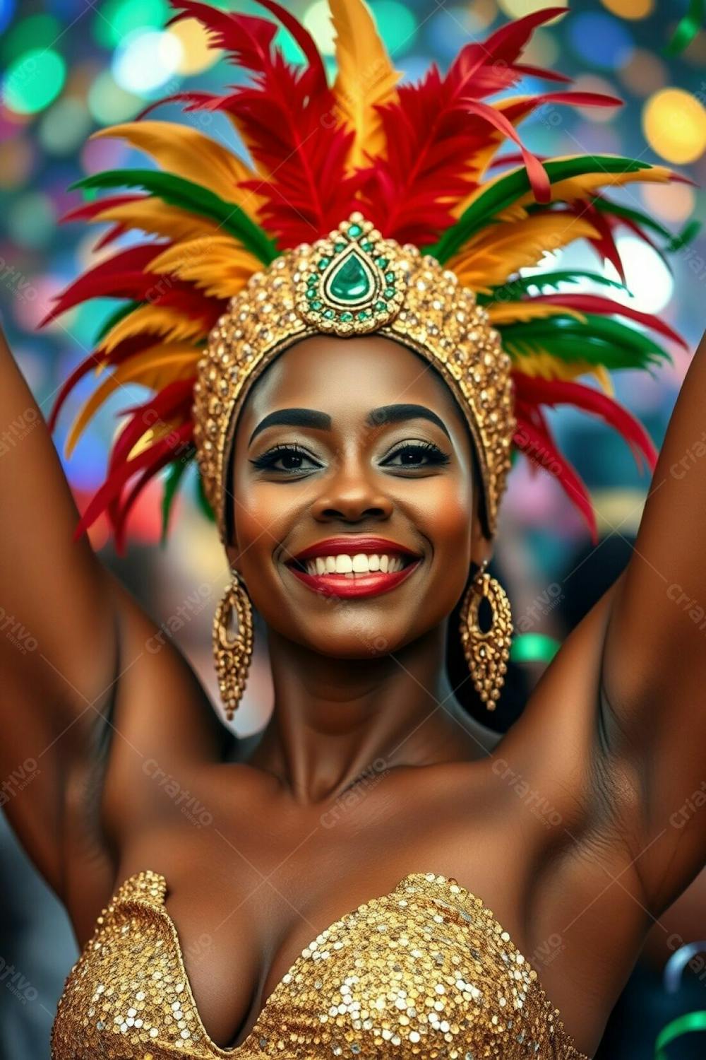 High Resolution Stock Photo A Woman With Refined Features And Dark Skin Celebrates Carnaval. She Wears A Gold, Red, And Green Feathered Headdress And A Glittering Sequined Costume. Her Arms Are Raised, Her Smile Radiant. The