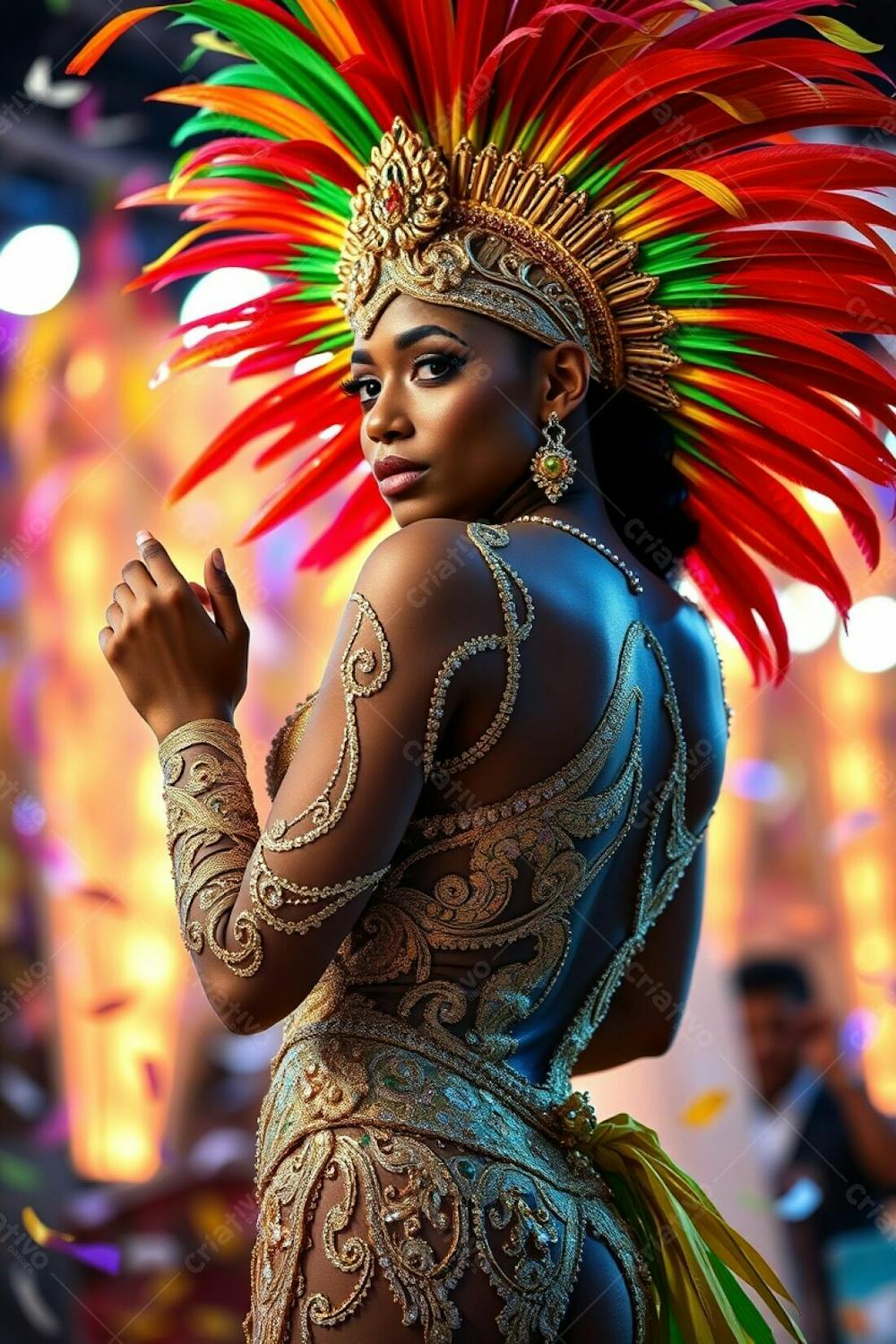 High Resolution Stock Photo A Woman With Refined Features And Dark Skin, Gracefully Sambas, Arms Crossed, Back To Camera. She Wears A Dazzling Carnaval Costume A Gold, Red, And Green Feathered Headdress And A Glittering Sequin