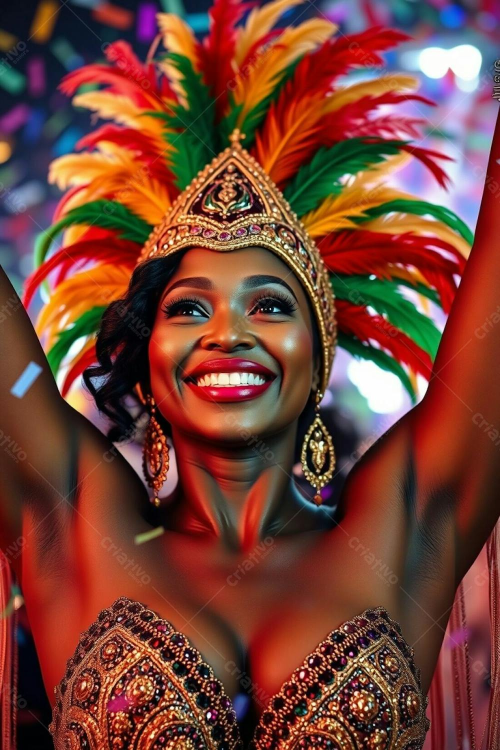 High Resolution Stock Photo A Woman With Refined Features And Dark Skin, Smiling Radiantly, Celebrates Carnaval. She Wears A Gold, Red, And Green Feathered Headdress And A Glittering Sequined Costume With Intricate Patterns. H