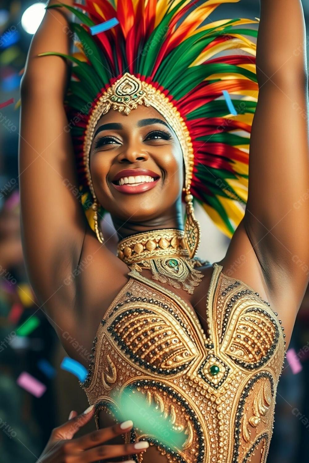 High Resolution Stock Photo A Woman With Refined Features And Dark Skin, Smiling Radiantly, Celebrates Carnaval. She Wears A Gold, Red, And Green Feathered Headdress And A Glittering Sequined Costume With Intricate Patterns.