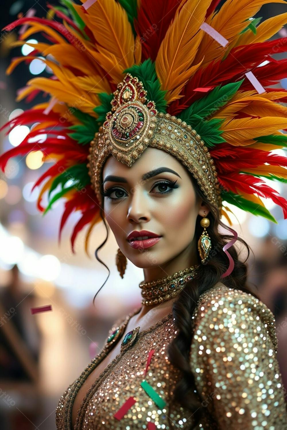 High Resolution Stock Photo A Woman With Refined Features And Honey Toned Skin Celebrates Carnaval. Her Costume Includes A Magnificent Gold, Red, And Green Feathered Headdress And A Sparkling Sequined Outfit. The Background Is