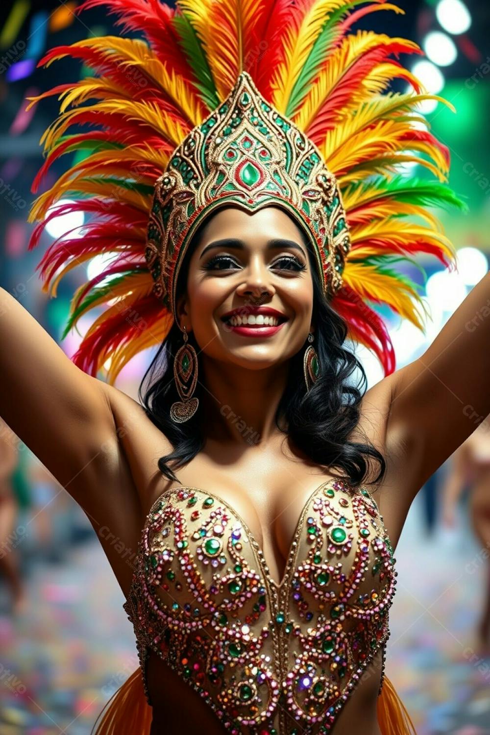 High Resolution Stock Photo A Woman With Refined Features And Light Brown Skin, Joyfully Celebrates Carnaval, Arms Raised In A Radiant Smile. Her Elaborate Costume Includes A Gold, Red, And Green Feathered Headdress And A Glit