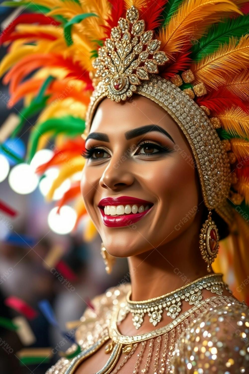 High Resolution Stock Photo A Woman With Refined Features And Light Brown Skin, Radiantly Smiling, Celebrates Carnaval. Her Costume Features A Dazzling Feathered Headdress In Gold, Red And Green, And A Glittering Sequined Outfi