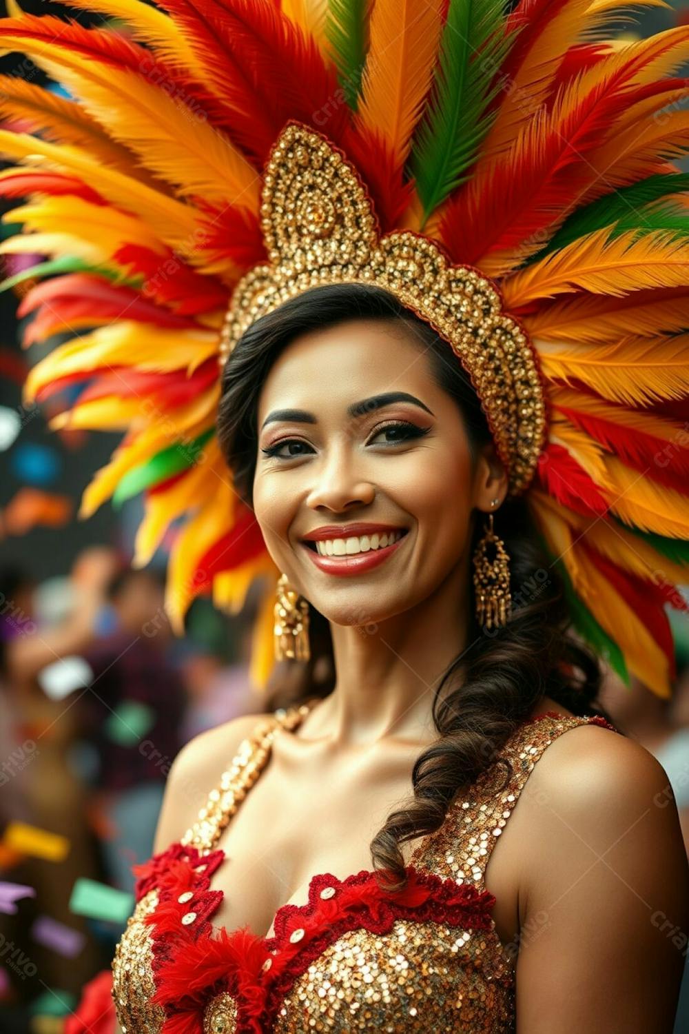 High Resolution Stock Photo A Woman With Refined Features And Light Brown Skin, Radiates Joy In A Carnaval Costume. The Costume Includes A Magnificent Feathered Headdress In Shades Of Gold, Red, And Green, And A Sparkling Sequ