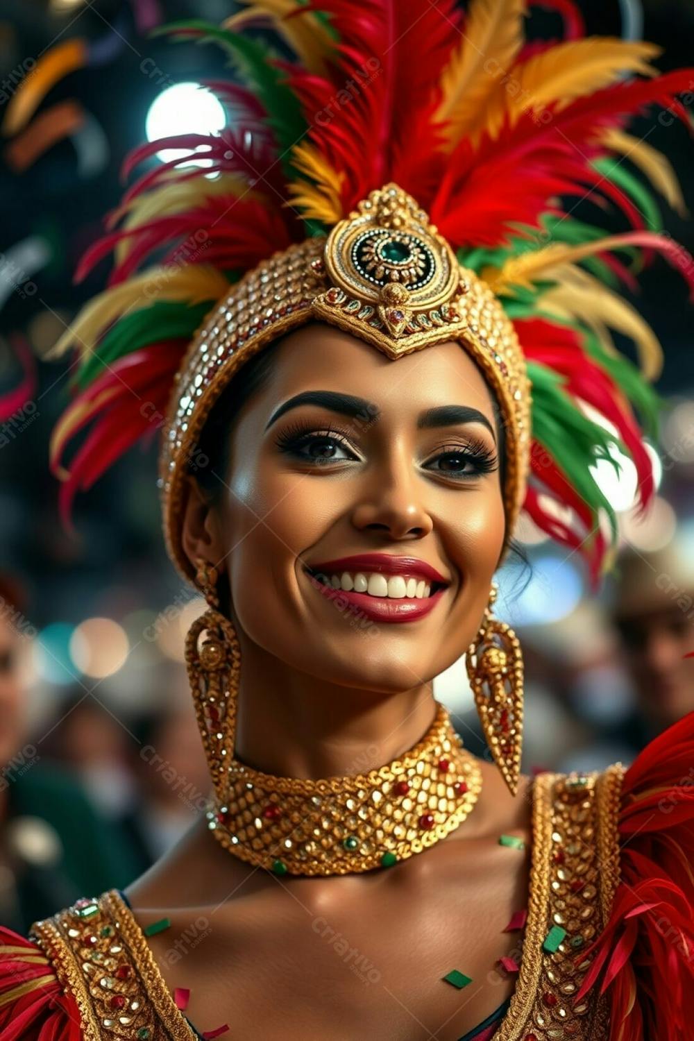 High Resolution Stock Photo A Woman With Refined Features And Olive Skin, Radiant Smile, Celebrates Carnaval. She Wears A Gold, Red, And Green Feathered Headdress And A Glittering Sequined Costume. The Background Is Blurred,