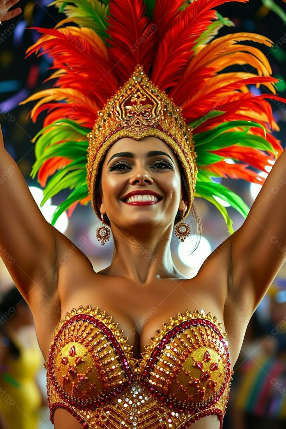 High Resolution Stock Photo A Woman With Refined Features And Olive Skin Smiles Radiantly, Arms Raised, In A Gold, Red, And Green Feathered Headdress And Sequined Carnaval Costume. The Background Is A Blurred Bokeh Of Colorful