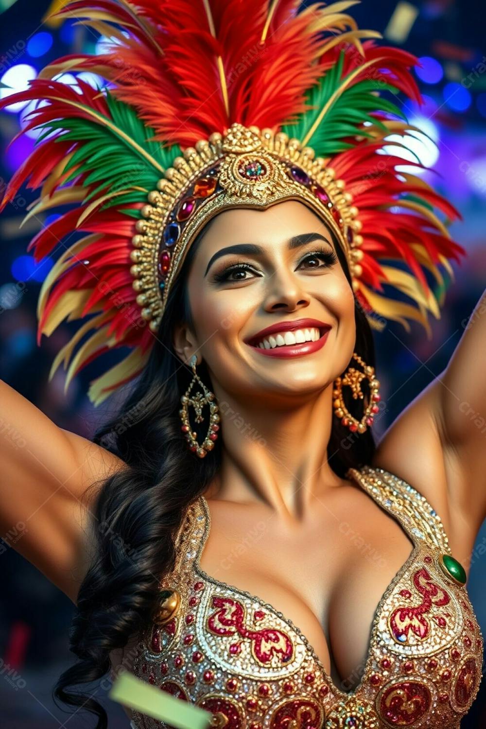 High Resolution Stock Photo A Woman With Refined Features And Olive Skin, Radiantly Smiling, Celebrates Carnaval. She Wears A Gold, Red, And Green Feathered Headdress And A Glittering Sequined Costume With Intricate Patter