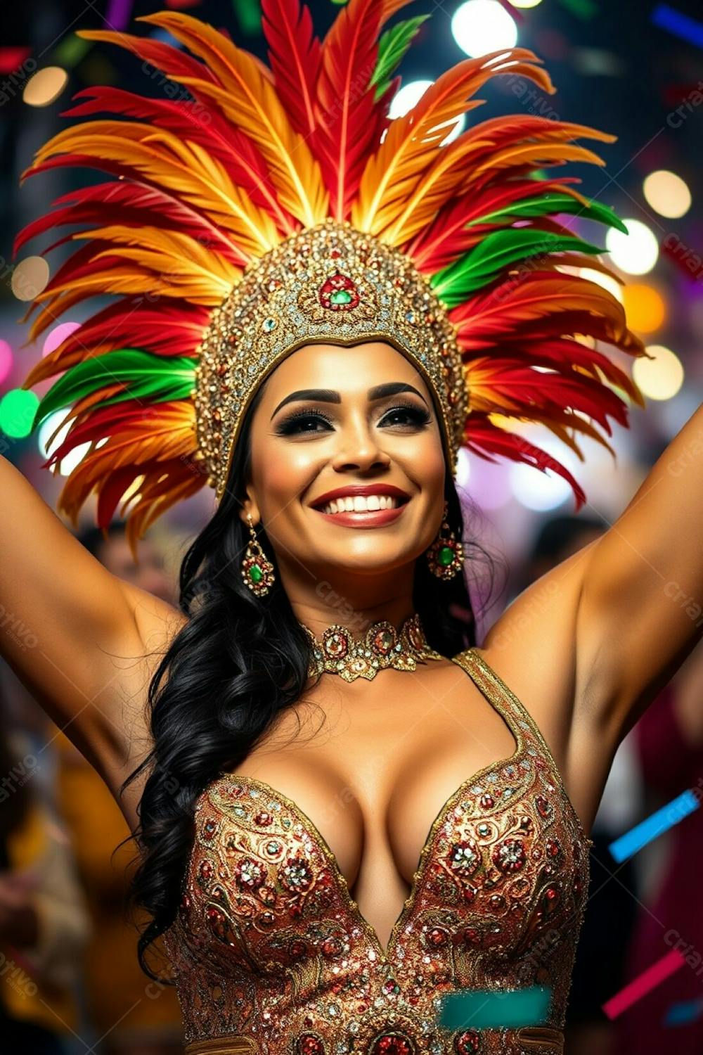 High Resolution Stock Photo A Woman With Refined Features And Olive Skin, Radiantly Smiling, Celebrates Carnaval. She Wears A Gold, Red, And Green Feathered Headdress And A Glittering Sequined Costume With Intricate Patterns.