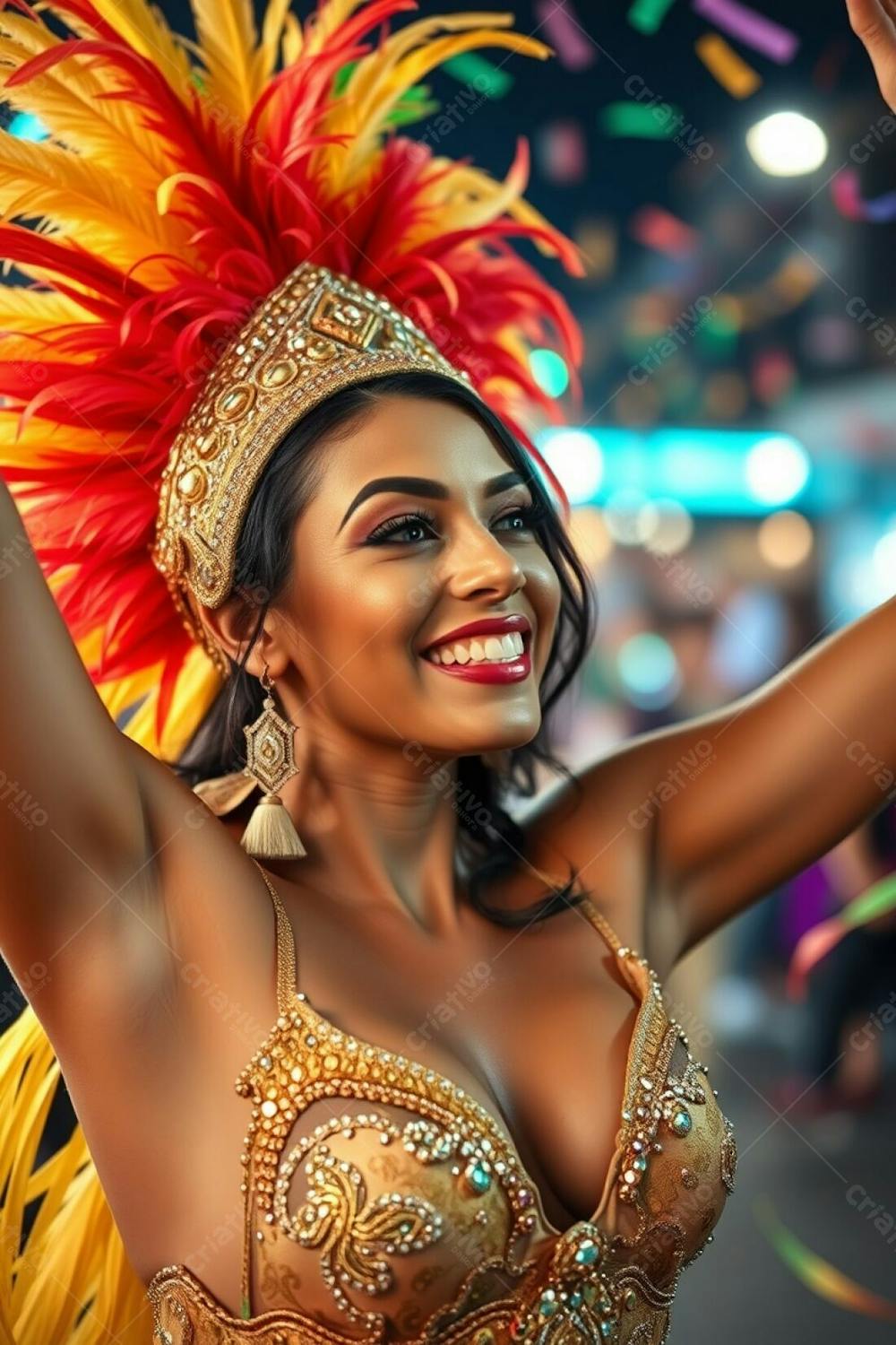 High Resolution Stock Photo A Woman With Refined Features And Olive Skin, Smiles Radiantly While Celebrating Carnaval. She Wears A Gold, Red, And Green Feathered Headdress And A Glittering Sequined Costume With Intricate Patter